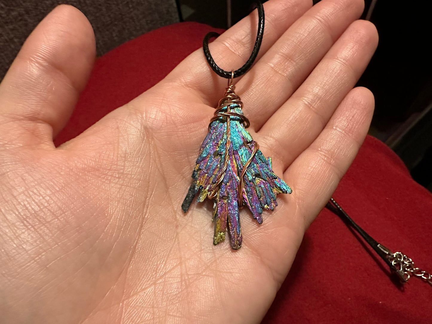 Wire Wrapped Titanium Coated Black Kyanite Fan necklace