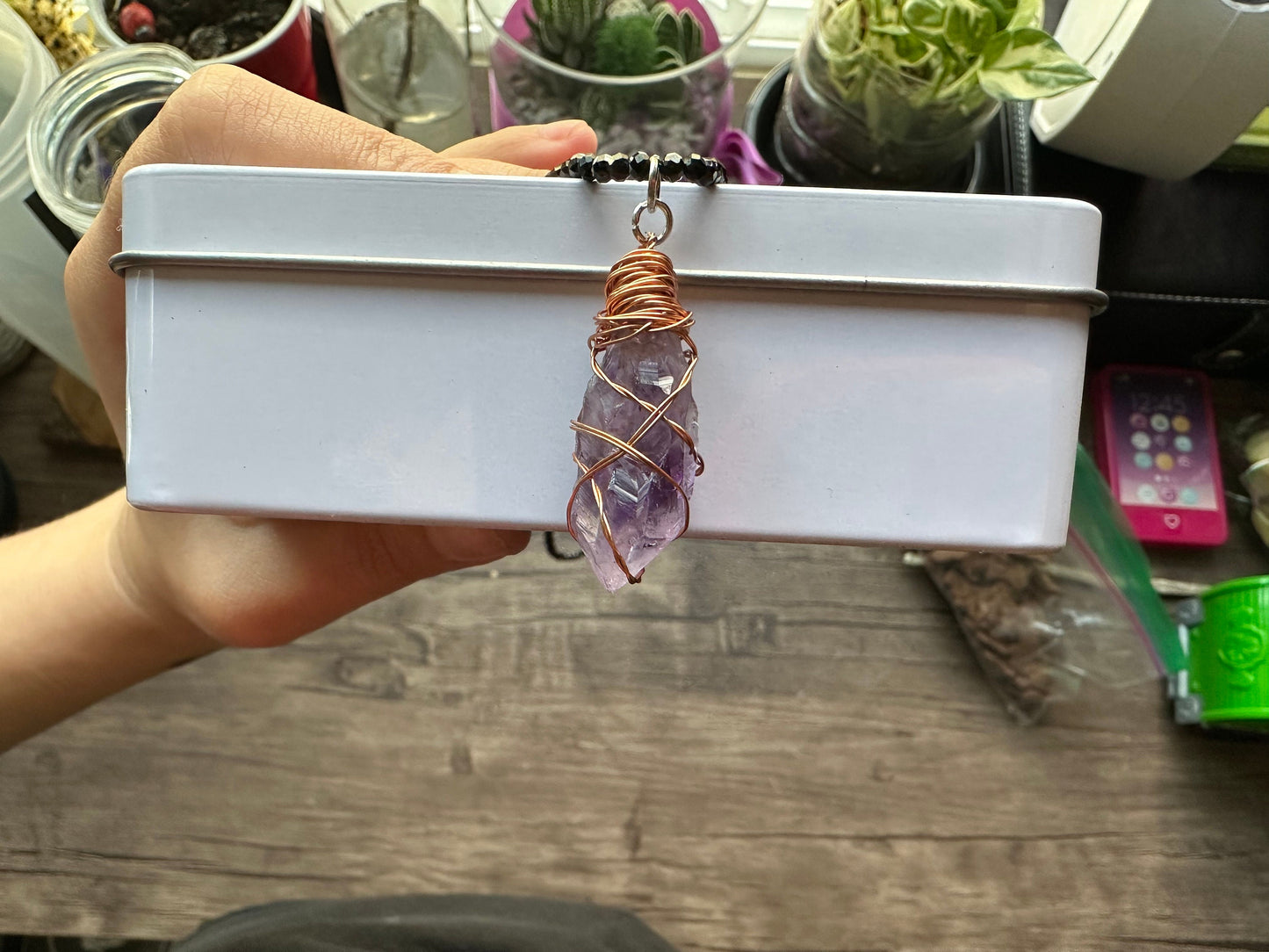 Wire Wrapped Amethyst Necklace | Black Obsidian Faceted Chain