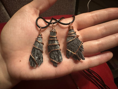 Wire Wrapped Black Kyanite Fan necklaces