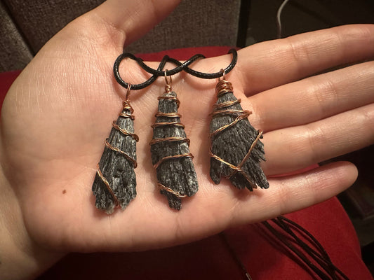 Wire Wrapped Black Kyanite Fan necklaces