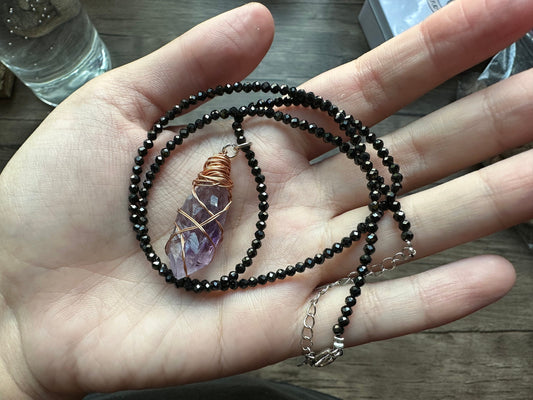 Wire Wrapped Amethyst Necklace | Black Obsidian Faceted Chain